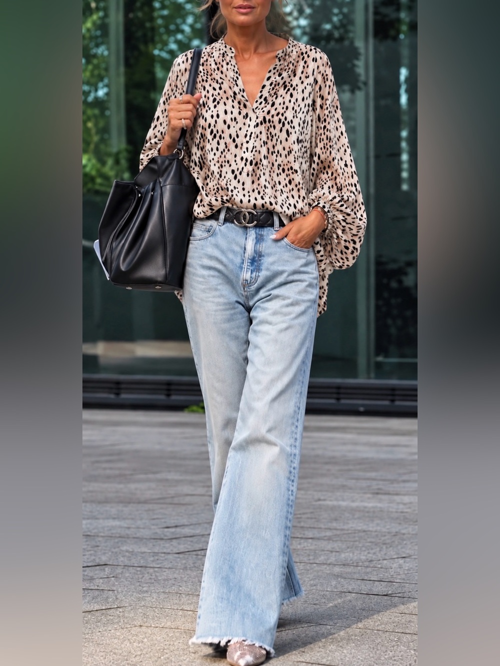 JODIFL Beige and Black Spotted V-Neck Blouse